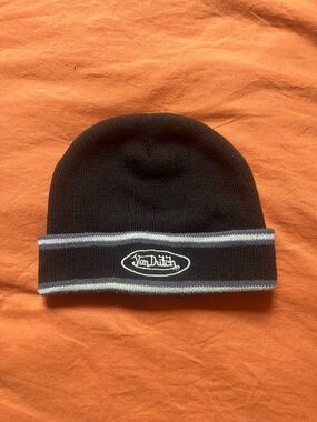 Von Dutch Black Beanie with Gray Stripe Trim